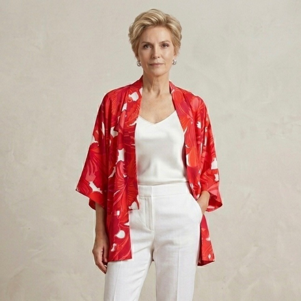 Trina Turk Womens Red Tropical Floral‎ Kimono Open Front Cardigan Top Resort S